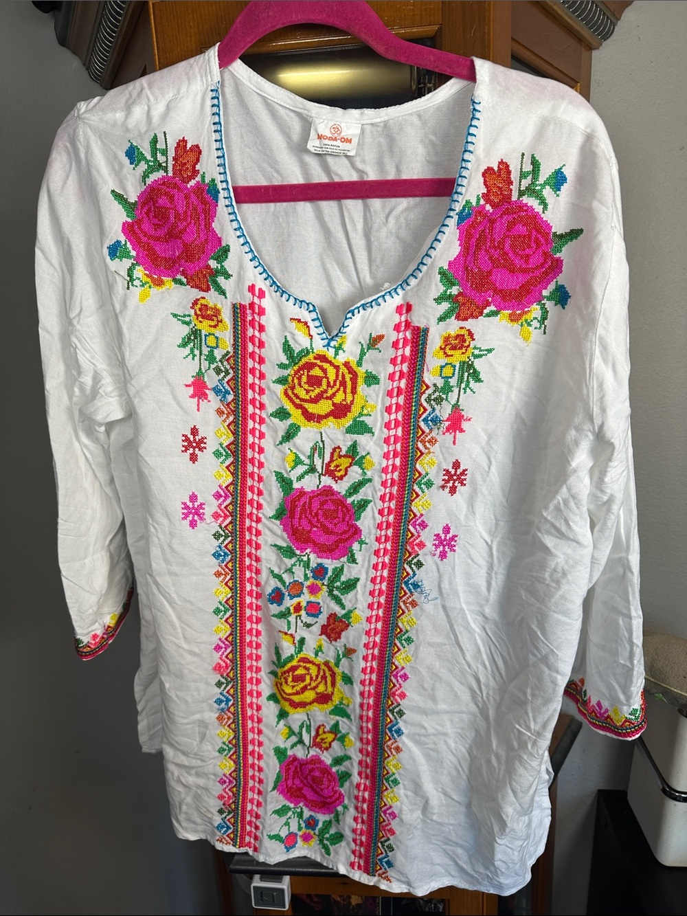 White Embroidered Floral Tunic Top with Bright Pink & Yellow Accents